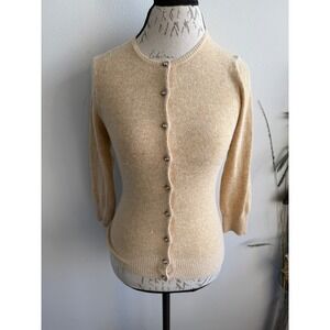 Express Angora Blend Cardigan Beige Rhinestone Button 3/4 Sleeve Sweater Small
